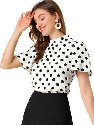 INSPIRE CHIC Women's Polka Dots Stand Collar Pleat Keyhole Back Short Flare Sleeve Tops