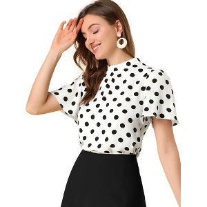 INSPIRE CHIC Women's Polka Dots Stand Collar Pleat Keyhole Back Short Flare Sleeve Tops - 1 of 4