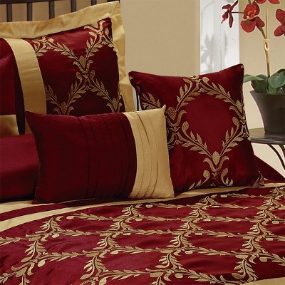 HIG 7 Piece Bed in A Bag Comforter Set Queen Burgundy and Gold Faux Silk Fabric Embroidered Bedding Set — фото 4