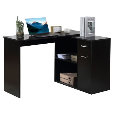 NicBex 46 Inch L-Shaped 180 Degree Rotating Home Office Desk with Open Shelves,Drawer and Cabinet,Black/White