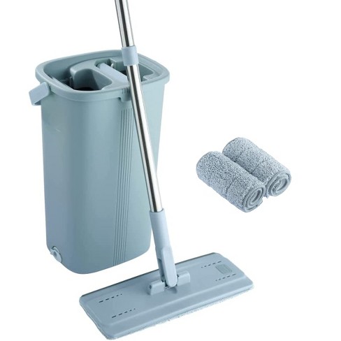Mop and Bucket Set, 4 Washable and Reusable Microfiber Pads, Hands Free Flat Mop, Stainless Steel Handle