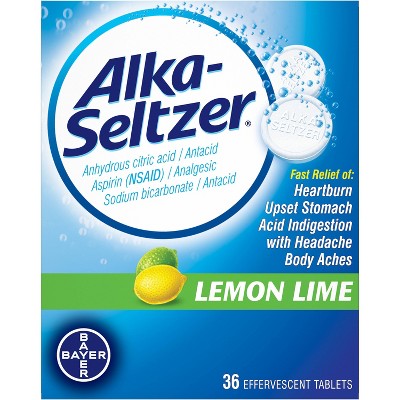 Alka Seltzer Antacid & Pain Relief Lemon Lime Tablets -Aspirin (NSAID)-36ct