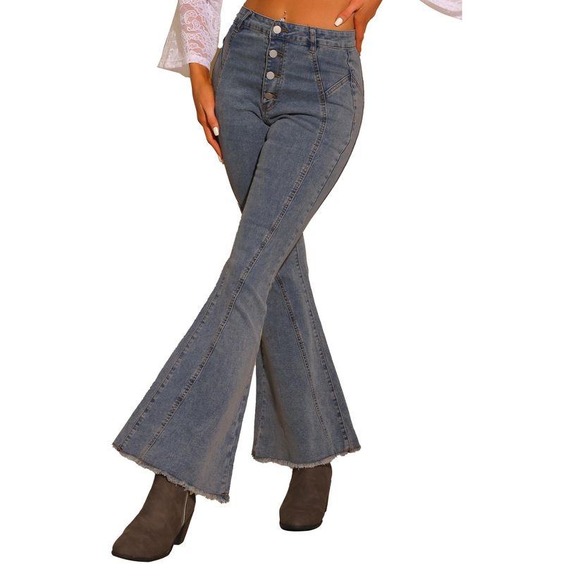Allegra K Women's Bell Bottom High Rise Stretchy Retro Flared Denim Jeans Pants, 1 of 6