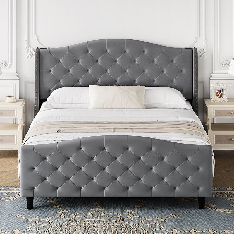 Whizmax Tufted Upholstered Platform qUEEN Bed Frame with Headboard and Footboard, Velvet Platform Bed Raised Wing Back Headboard, Grey, 2 of 8