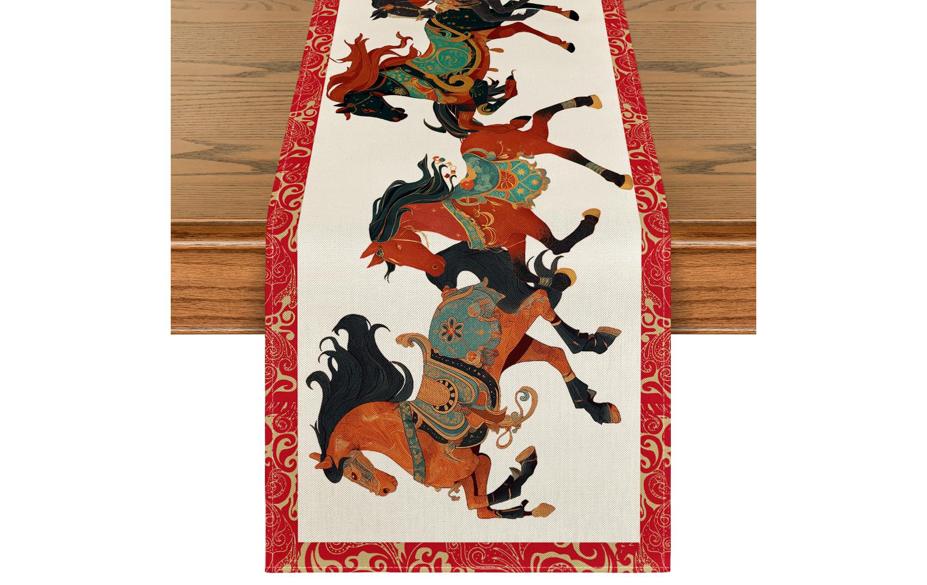Colorful Steeds Chinese Zodiac Horse Happy 2026 Lunar New Year Table Runner, 13x71 Inch