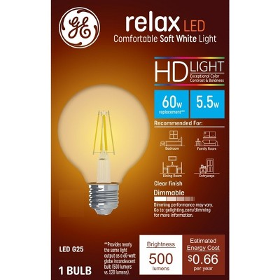 GE 60W Relax G25 LED Globe Light Bulbs Soft White Clear: Dimmable Edison Bulb E26, Warm Light, Energy Star Certified