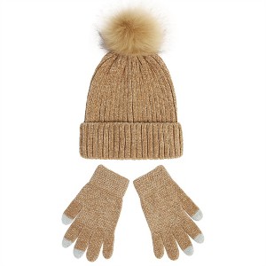 Anna-Kaci Knit Beanie and Touchscreen Gloves 2-Piece Winter Accessory Set with Ribbed Cuff Design and Fluffy Pom Pom Detail - 1 of 3
