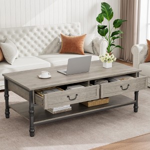 Farmhouse Coffee Table with Storage, 41" Wood Coffee Table for Living Room, Rustic Center Table with 2 Drawers, Open Display Area - 1 of 4