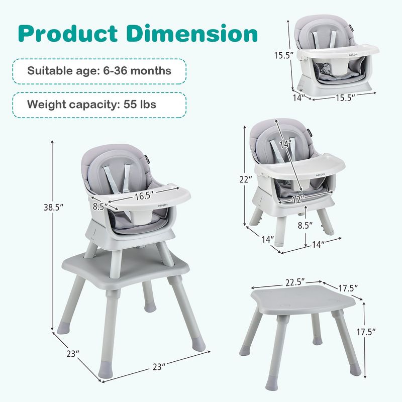 Babyjoy 8-in-1 Baby High Chair Convertible Dining Booster Seat with  Removable Tray Grey/Pink/Yellowith Strip/Black, 3 of 11