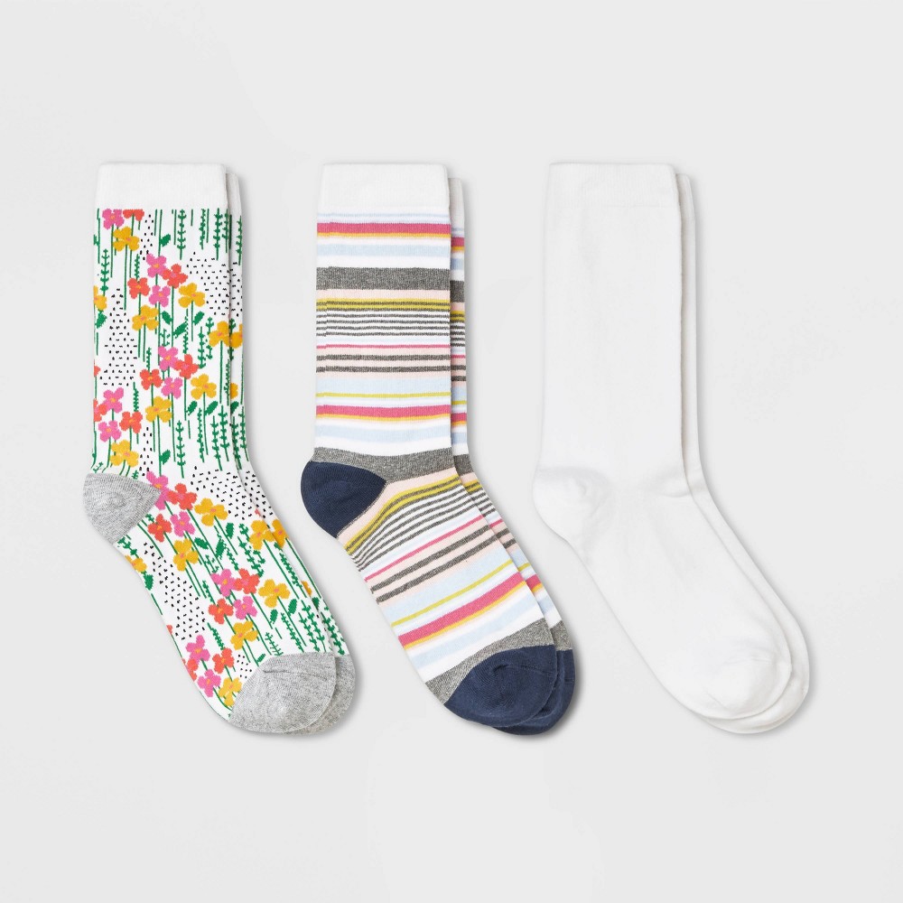 Women's 3pk Optimistic Floral Crew Socks - A New Day™ White/Pink/Blue 4-10