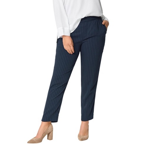 ellos Women's Plus Size Soft Back-Elastic Trousers, 30/32 - Navy Pinstripe