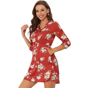 Allegra K Women's Button Front Floral Print Split Neck 3/4 Sleeves Mini Dresses - 1 of 4
