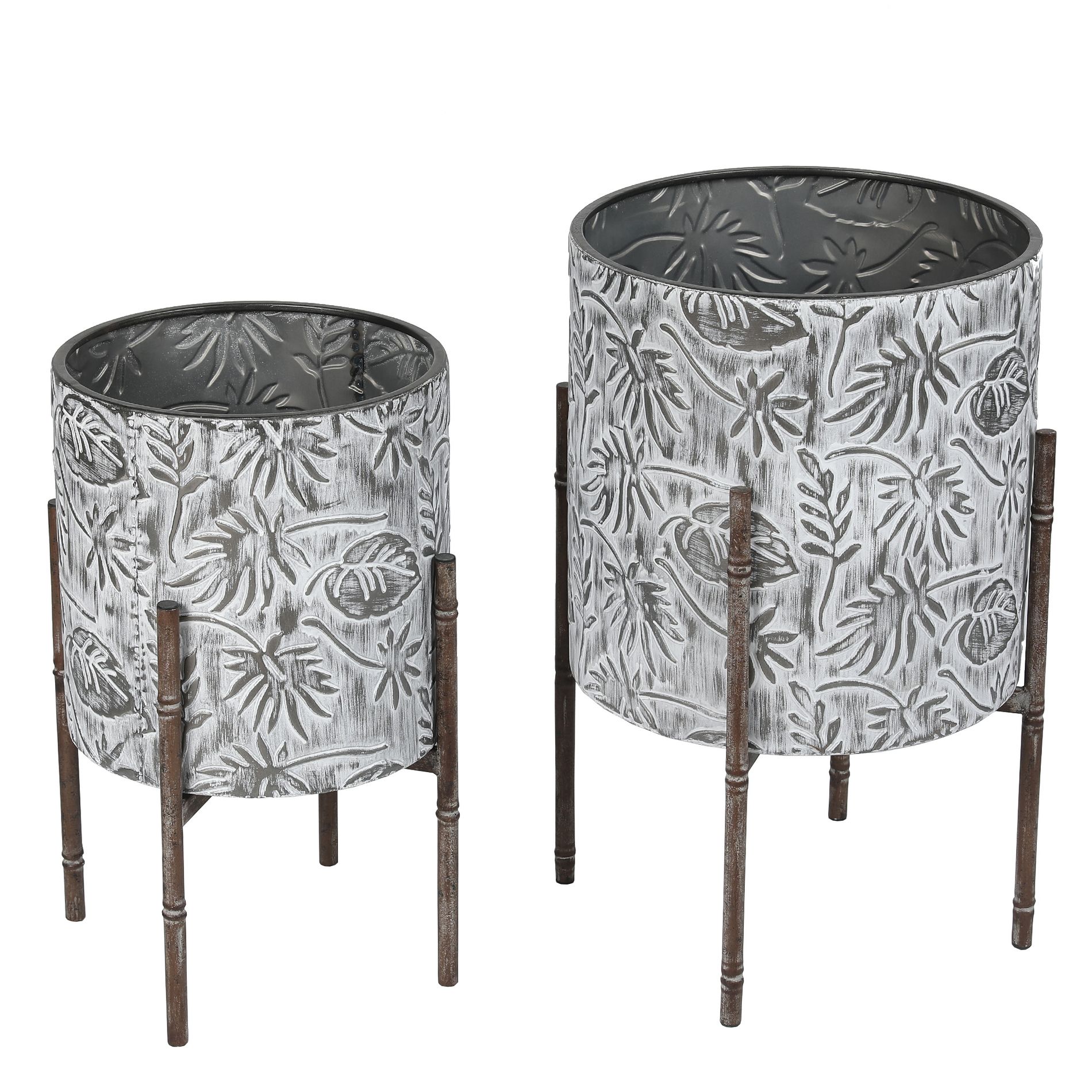 LuxenHome Set of 2 Coastal Distressed White and Gray Metal Cachepot Planters with Metal Stand Off-White