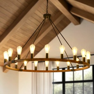 BAOURE 40in 16 Lights Wood Wagon Wheel Chandelier Farmhouse Black Rustic Pendant Light for High Ceilings Entryway Foyer Dining Room Living Room - 1 of 4
