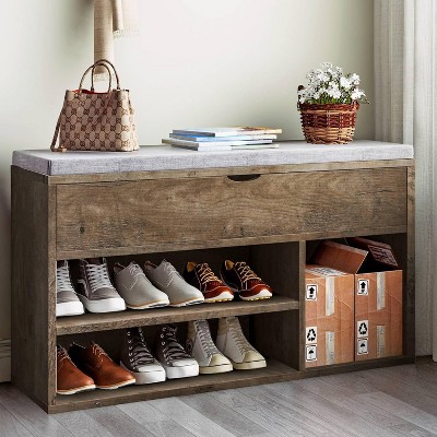 Shoe Storage Bench, Entryway Bench with Cushioned Seat and 2 Tiers of Shelves with Lift Top Storage Box