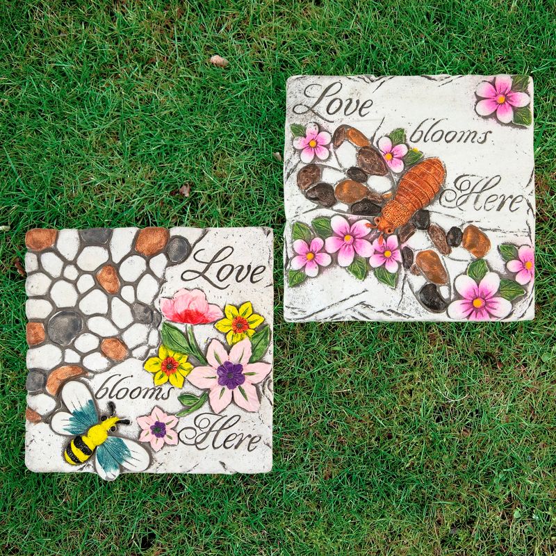 Northlight Set of 2 'Love Blooms Here' Floral Outdoor Garden Stones 7", 2 of 5