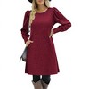 Coolmee Women's Knit Dresses Fall fashion Solid Long Puff Sleeve Dresses Casual Round Neck Waisted Mini Dresses With Pockets L Red - 3 of 4