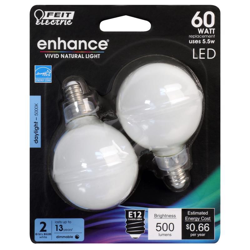 Feit Electric Enhance G16.5 E12 (Candelabra) Filament LED Bulb Daylight 60 Watt Equivalence 2 pk, 1 of 2
