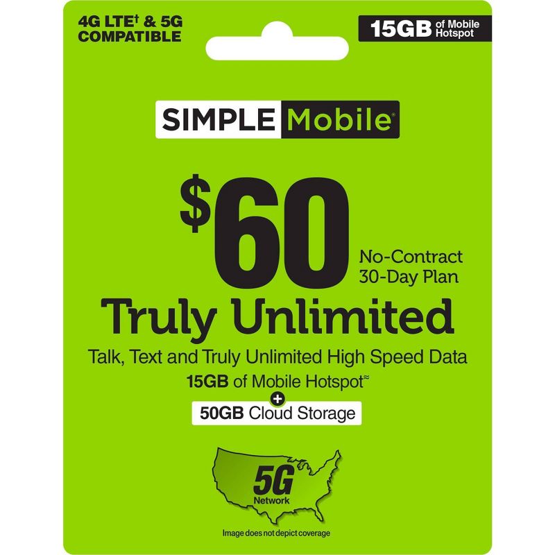 Simple Mobile Unlimited Talk/Text/Data Prepaid Card (Email Delivery), 1 of 3