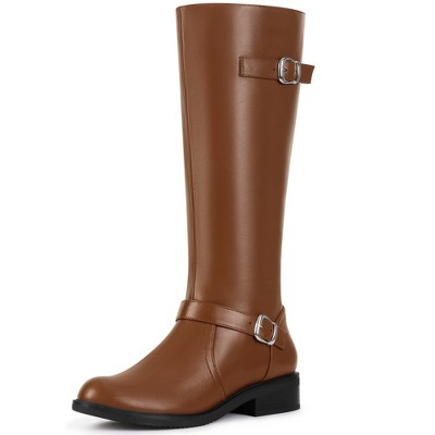 BLISSFUL STEP Buckle Chunky Low Heel Side Zipper Knee High Riding Boots for Women