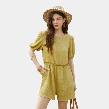 Women's Chartreuse Puff Sleeve Wide Leg Romper - Cupshe