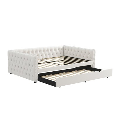 NicBex Full Daybed with Twin Trundle, Velvet Sofa Bed with Tufted Button Back, Upholstered Day Bed with Copper Nail Design