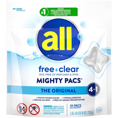 All Unscented Mighty Pacs Free Clear HE Laundry Detergent Pods 39 Pacs - 25.8oz