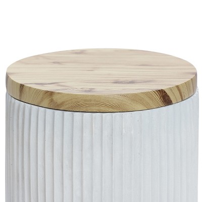 Gray Cement and Faux Wood Round Patio Side Table with Storage