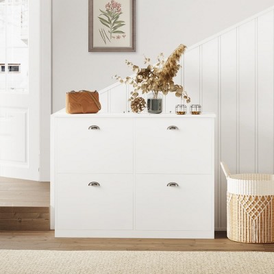 Slim Shoe Storage Cabinet with Flip Drawers, Narrow Entryway Shoe Organizer, Modern Foyer Shoe Rack with 4 Compartments-The Pop Home