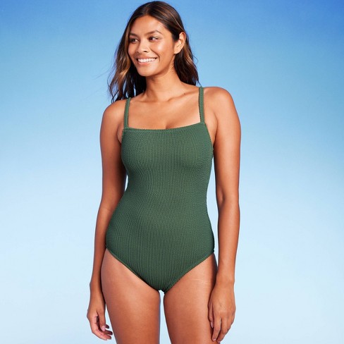Women's Pucker Textured Square Neck High Coverage One Piece Swimsuit - Kona  Sol™ Dark Green Xl : Target