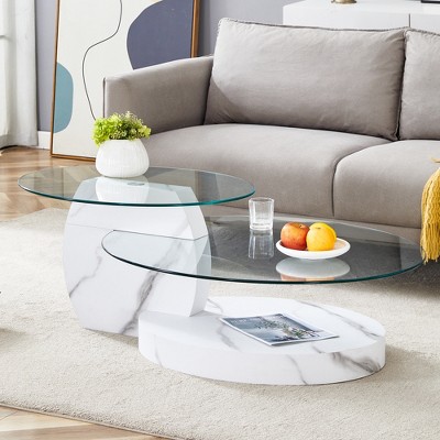 Maggift Patio End Tables, Glass Top Round Coffee Table, Double Layer Design, Suitable for Living Room, Patio, Bedroom, White, 47"*29.5"*16.7"