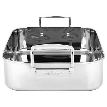 NutriChef Roasting Pan with Polished Rack, Wide Handle, and Stainless Steel Lid