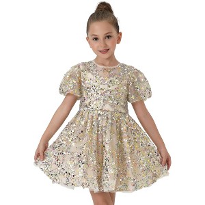 2Bunnies Christmas New Year Holiday Girl Gold Shimmer Sparkle Sequin Dress - 1 of 4