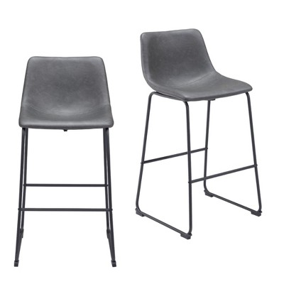 HomeRoots Set of Two 29" Charcoal and Black Faux Leather and Steel Counter Height Bar Chairs