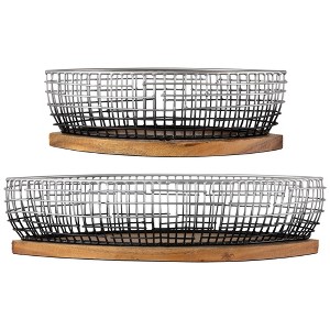 Northlight Oblong Iron Baskets with Wooden Base - 15" - Silver and Black - Set of 2 - 1 of 4