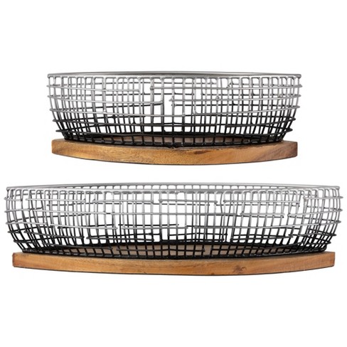 Northlight Oblong Iron Baskets with Wooden Base - 15" - Silver and Black - Set of 2 - image 1 of 4