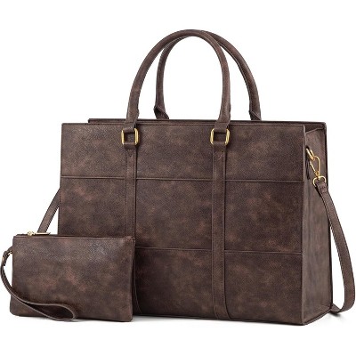 15.6 Inch Work Bags for Women, Vintage Leather Laptop Tote Bag, Waterproof Computer Bags with Clutch Purse