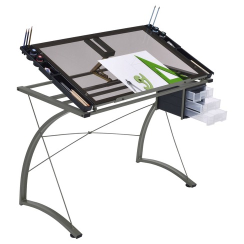 Studio Designs Avanta Silver Metal Drafting Table with Glass Top