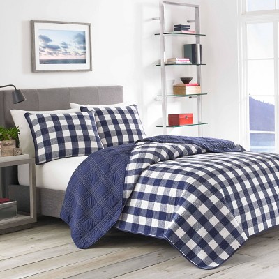 Full Blue Cotton Reversible Plaid Quilt Set