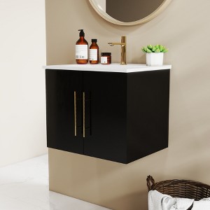 24 inch Bathroom Vanity Wall Mounted with Ceramic Sink, Glossy Black Floating Vanity with Double Soft-Close Doors & Gold Handle - 1 of 4