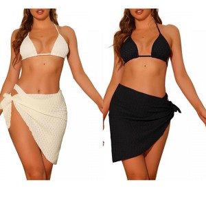 Elerevyo Women's Halter Bikini Sets, Hollow Out Mesh Swimsuits with Sarong Cover Ups Beach Skirt Bathing Suit 3 Pcs 2 Sets - 1 of 4
