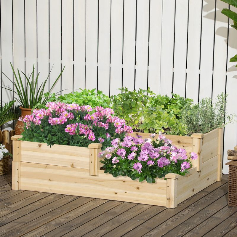 Outsunny 3 Tier Raised Garden Bed, Wooden Raised Flower Bed, Outdoor Planter Box Kit for Vegetables, Herbs, Flowers, 42.5" x 34.75" x 14.25", Natural, 2 of 7