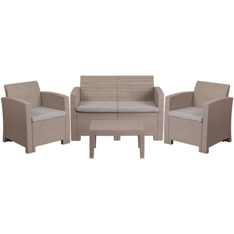 Flash Furniture 4 Piece Outdoor Faux Rattan Chair, Loveseat and Table Set in Light Gray, 1 of 4