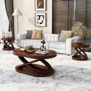 3-Piece Coffee Table Set, Oval Coffee Table & 2 Round End Tables, Retro Accent Table Set with X-Shaped Bases - ModernLuxe - 1 of 4