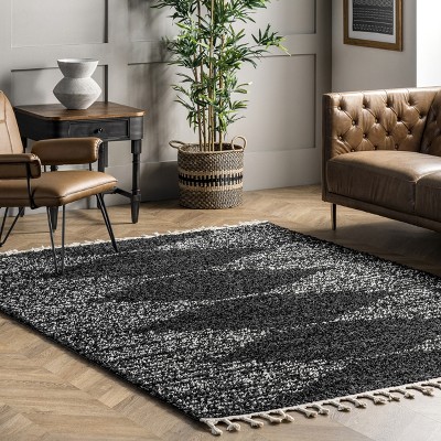 Braided Black Wool Moroccan Diamond Tassel 6'7"x9' Rug