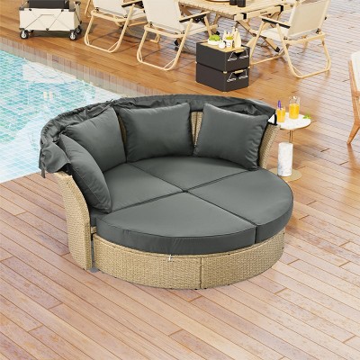 Oris 4-piece Rattan Outdoor Patio Daybed, Round Sofa with Retractable Canopy and 4 Pillows, Tanning Near Me - Maison Boucle