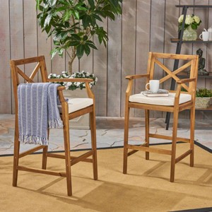 Modern Fabric Upholstered Acacia Wooden Counter Height Bar Stools Set of 2,Cushion Armrest X-Back Bar Stools,Kitchen Island Stools-Cuddlewood - 1 of 4