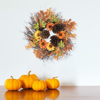 24-Inch Fall Artificial Thanksgiving Wreath with Sunflowers and Pine Cones