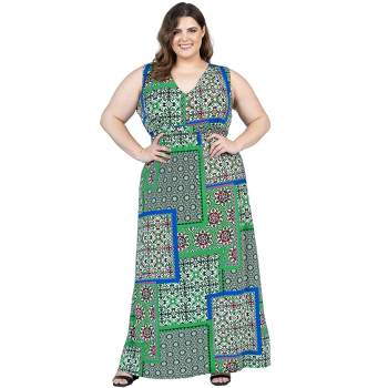 24seven Comfort Apparel Plus Size Green Scarf Print V Neck Empire Waist Sleeveless Maxi Dress
