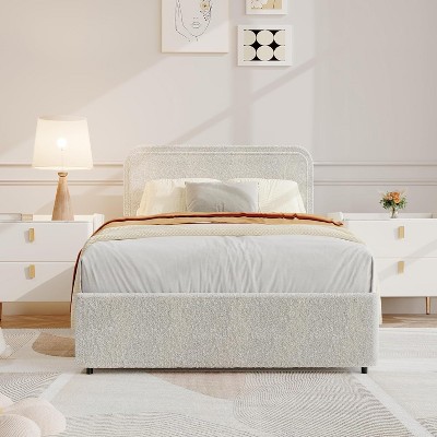 Bed Frame, Modern Beige Upholstered Platform Bed Frame with Headboard, 4 Storage Drawers, Wooden Slats Support, No Box Spring Needed